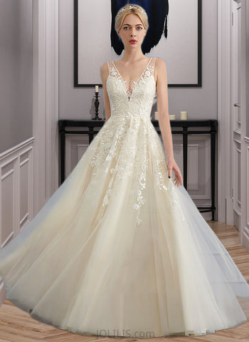 Claire A-Line V-neck Floor-Length Tulle Wedding Dress With Beading Sequins UKP0013881