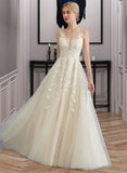 Claire A-Line V-neck Floor-Length Tulle Wedding Dress With Beading Sequins UKP0013881