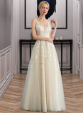 Claire A-Line V-neck Floor-Length Tulle Wedding Dress With Beading Sequins UKP0013881