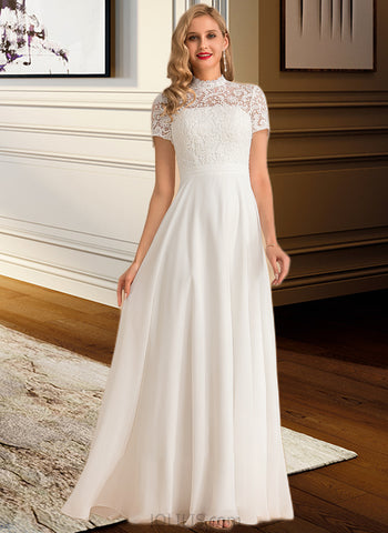 Penny A-Line High Neck Floor-Length Chiffon Lace Wedding Dress UKP0013889