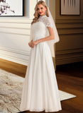 Penny A-Line High Neck Floor-Length Chiffon Lace Wedding Dress UKP0013889