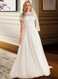 Penny A-Line High Neck Floor-Length Chiffon Lace Wedding Dress UKP0013889