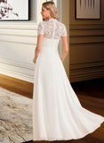 Penny A-Line High Neck Floor-Length Chiffon Lace Wedding Dress UKP0013889