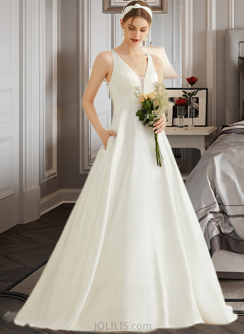 Mabel Ball-Gown/Princess V-neck Sweep Train Satin Lace Wedding Dress With Pockets UKP0013892