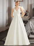 Mabel Ball-Gown/Princess V-neck Sweep Train Satin Lace Wedding Dress With Pockets UKP0013892