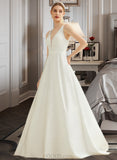 Mabel Ball-Gown/Princess V-neck Sweep Train Satin Lace Wedding Dress With Pockets UKP0013892