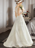 Mabel Ball-Gown/Princess V-neck Sweep Train Satin Lace Wedding Dress With Pockets UKP0013892