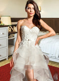 Ali A-Line Sweetheart Asymmetrical Tulle Wedding Dress With Beading Bow(s) UKP0013894