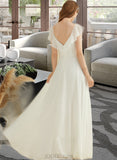 Campbell A-Line V-neck Floor-Length Chiffon Wedding Dress With Ruffle UKP0013896