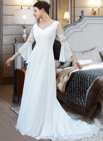 Mariah A-Line V-neck Court Train Chiffon Wedding Dress With Lace Beading UKP0013898