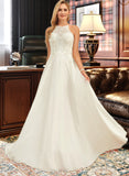 Lina A-Line Scoop Neck Floor-Length Chiffon Lace Wedding Dress UKP0013909