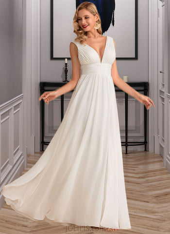 Reyna A-Line V-neck Floor-Length Chiffon Wedding Dress With Split Front UKP0013911