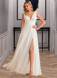 Reyna A-Line V-neck Floor-Length Chiffon Wedding Dress With Split Front UKP0013911