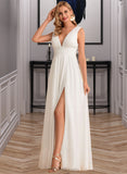 Reyna A-Line V-neck Floor-Length Chiffon Wedding Dress With Split Front UKP0013911