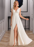 Reyna A-Line V-neck Floor-Length Chiffon Wedding Dress With Split Front UKP0013911