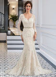 Hannah Trumpet/Mermaid V-neck Court Train Tulle Wedding Dress With Beading UKP0013916