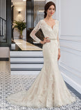 Hannah Trumpet/Mermaid V-neck Court Train Tulle Wedding Dress With Beading UKP0013916