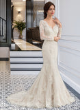 Hannah Trumpet/Mermaid V-neck Court Train Tulle Wedding Dress With Beading UKP0013916