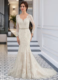 Hannah Trumpet/Mermaid V-neck Court Train Tulle Wedding Dress With Beading UKP0013916