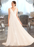 Pearl A-Line V-neck Court Train Wedding Dress With Lace UKP0013930