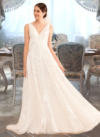 Pearl A-Line V-neck Court Train Wedding Dress With Lace UKP0013930