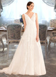 Pearl A-Line V-neck Court Train Wedding Dress With Lace UKP0013930