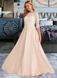 Danica A-Line Illusion Floor-Length Chiffon Lace Wedding Dress With Beading Sequins UKP0013934