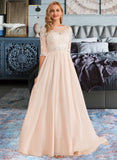 Danica A-Line Illusion Floor-Length Chiffon Lace Wedding Dress With Beading Sequins UKP0013934