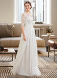 Janelle A-Line Illusion Floor-Length Chiffon Wedding Dress UKP0013935