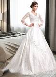 Kaylie Ball-Gown/Princess V-neck Chapel Train Satin Wedding Dress With Beading Appliques Lace UKP0013936