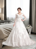 Kaylie Ball-Gown/Princess V-neck Chapel Train Satin Wedding Dress With Beading Appliques Lace UKP0013936