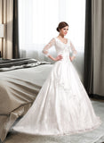 Kaylie Ball-Gown/Princess V-neck Chapel Train Satin Wedding Dress With Beading Appliques Lace UKP0013936