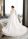 Kaylie Ball-Gown/Princess V-neck Chapel Train Satin Wedding Dress With Beading Appliques Lace UKP0013936