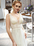 Karma A-Line V-neck Floor-Length Wedding Dress With Lace Sequins Split Front UKP0013937