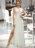 Karma A-Line V-neck Floor-Length Wedding Dress With Lace Sequins Split Front UKP0013937