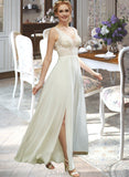 Karma A-Line V-neck Floor-Length Wedding Dress With Lace Sequins Split Front UKP0013937