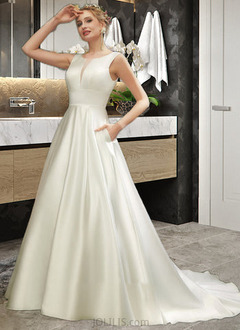 Miya A-Line Scoop Neck Court Train Wedding Dress UKP0013939