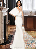 Daphne Trumpet/Mermaid V-neck Sweep Train Stretch Crepe Wedding Dress With Beading UKP0013940