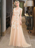 Madilyn A-Line V-neck Sweep Train Tulle Wedding Dress UKP0013944