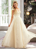 Amani A-Line Scoop Neck Sweep Train Tulle Lace Wedding Dress With Ruffle Lace UKP0013945