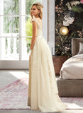 Amani A-Line Scoop Neck Sweep Train Tulle Lace Wedding Dress With Ruffle Lace UKP0013945