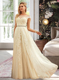 Amani A-Line Scoop Neck Sweep Train Tulle Lace Wedding Dress With Ruffle Lace UKP0013945