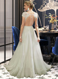 Sharon A-Line Illusion Floor-Length Wedding Dress With Lace Sequins UKP0013949