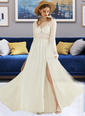 Jaylah A-Line V-neck Sweep Train Chiffon Lace Wedding Dress With Split Front UKP0013950