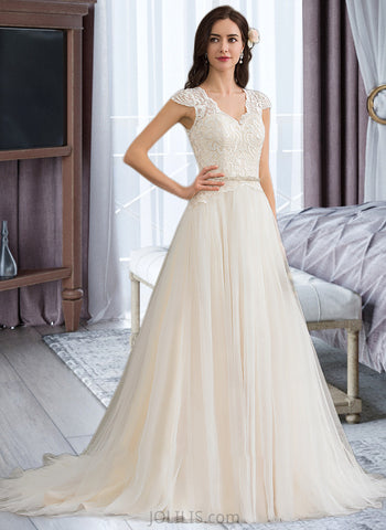 Maleah Ball-Gown/Princess V-neck Court Train Tulle Wedding Dress With Beading Sequins UKP0013953