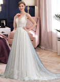 Macy Ball-Gown/Princess V-neck Court Train Tulle Wedding Dress With Beading Sequins UKP0013954