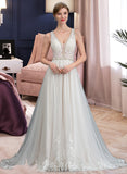 Macy Ball-Gown/Princess V-neck Court Train Tulle Wedding Dress With Beading Sequins UKP0013954