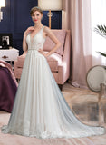 Macy Ball-Gown/Princess V-neck Court Train Tulle Wedding Dress With Beading Sequins UKP0013954