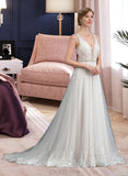 Macy Ball-Gown/Princess V-neck Court Train Tulle Wedding Dress With Beading Sequins UKP0013954