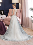 Macy Ball-Gown/Princess V-neck Court Train Tulle Wedding Dress With Beading Sequins UKP0013954